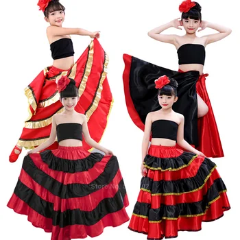 Španjolski Cigan Tradicionalni Suknja Flaminco, Satin Suknja Za borbe s bikovima, Loptu Scenski Prikaz, Dječja Haljina na Pruge sa Volanima za Djevojčice