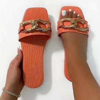Ženske papuče sa dekoracijom u obliku zlatnog lanca, svakodnevne narančaste sandale, 2021 godine, ljetni ženske papuče ravnim cipelama s trga vrhom, ženske Zapatillas Mujer