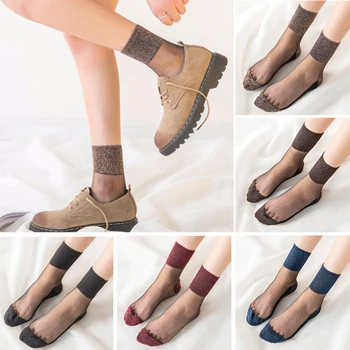 Ženski Ljeto Prozirne Kratke Čarape, Elastične Tanke Svijetle Svile Srednje Čarape S Kristalima Od Staklene Pređe, Prozračne I Udobne Čarape