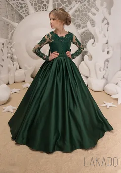 Атласное Tamno zelenu Loptu haljina Beba Smještaj Haljina sa Dugim Čipkastim Rukavima za Djevojčice u Dobi od 4-12 godina