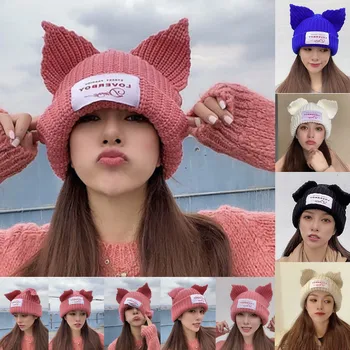 Вязаная kapa, slatka mornarska kapa sa mačka neko ušima, muška i ženska jesensko-zimski korejski toplo нашивка za zaštitu ušiju, вязаная kapu, hladno kapa, plima